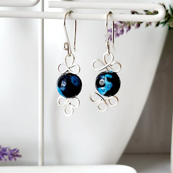 Agate Stone Beads Silver Wire Wrapped Dangle Earrings - Picture 4 of 9